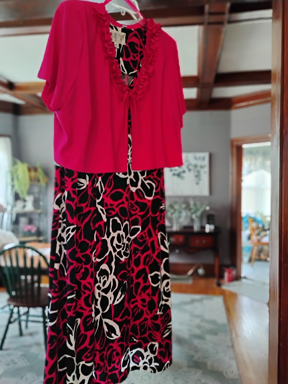 Julian Taylor Fuchsia and Black Floral Maxi Dress with Fuchsia Cardigan